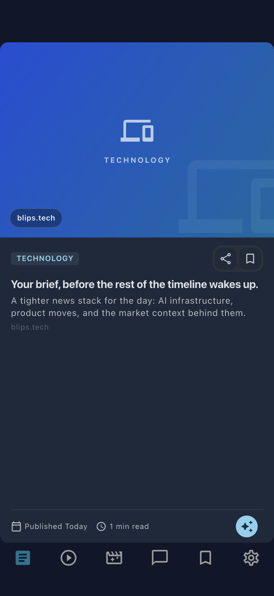 Blips News feed showing AI and startup headlines